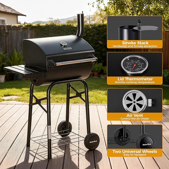 MASTER COOK Barrel Charcoal Grills with Foldable Side Tables Outdoor Smoke Barbecue bbq grill for Camping Patio Backyard Party Picnic Garden Black