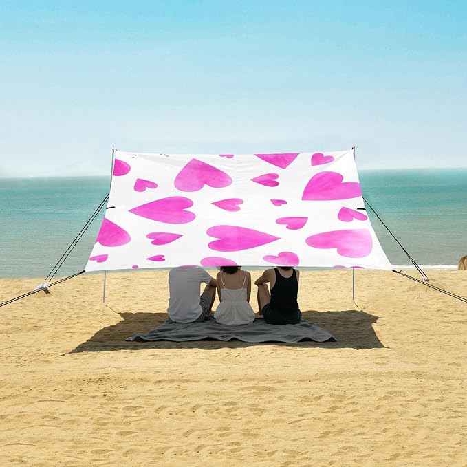 Beach Canopy with Windproof Ropes &amp Sandbags Beach Tent Sun Shade Sun Shelter for Camping Trips Fishing Backyard Fun or Picnics Heart