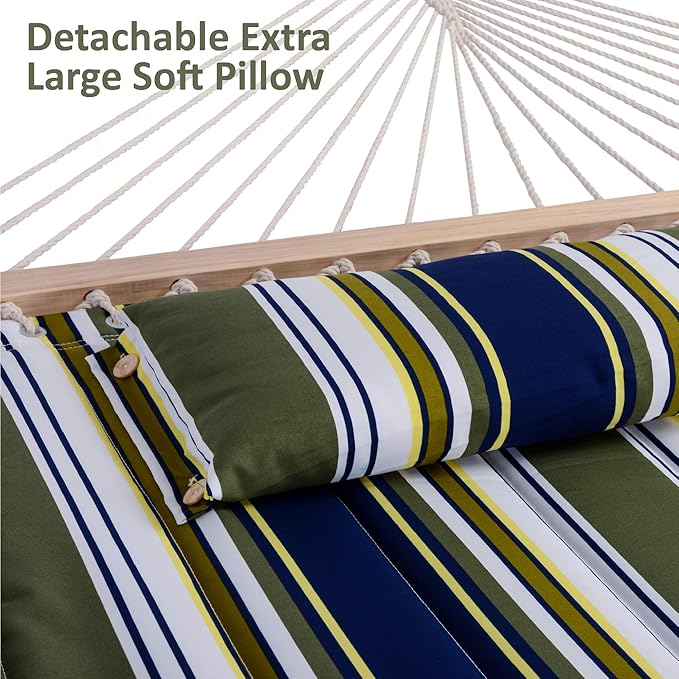 SUNCREAT Double Hammock Extra Large Quilted Fabric Swing with Hardwood Spreader Bars &amp Detachable Pillow Heavy Duty Perfect for Indoor/Outdoor Patio Deck Yard Blue&ampAqua