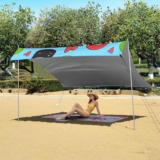 xigua Sushi Beach Tent Sun Shelter with Carrying Bag - Silver Coated Oxford Fabric Beach Canopy for Beach Camping Fishing - Includes Windproof Ropes Sandbags &amp Stakes