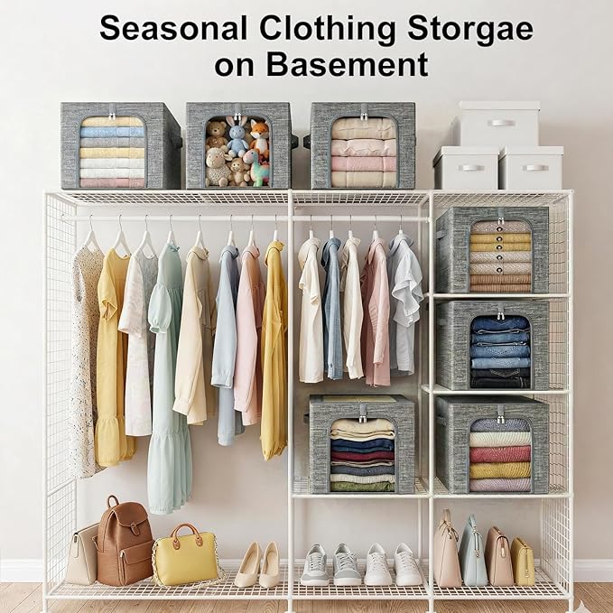 GoMaihe Clothes Storage Bin with Metal Frame: 6-Pack Stackable Closet Storage Bin with Lid &amp Clear Window Sweater Boxes Storage for Closet Bedding Clothing Storage Organizer 40L