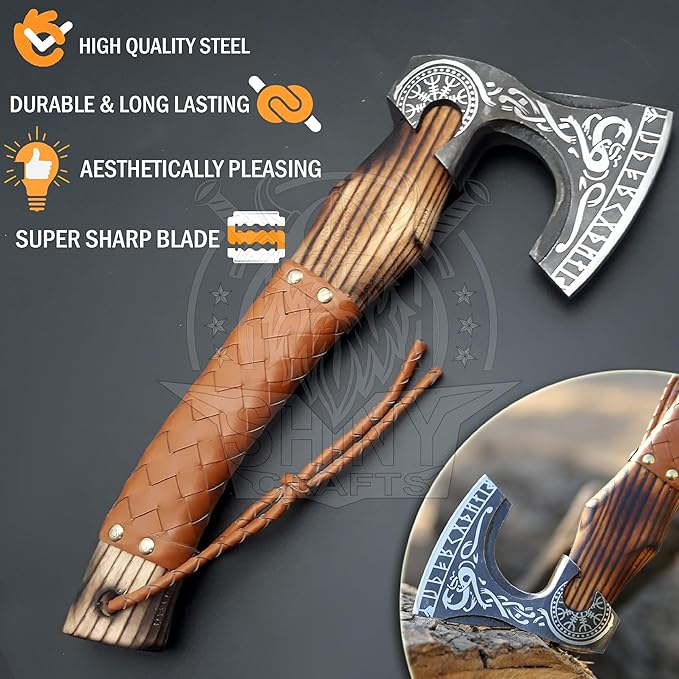 SHINY CRAFTS®- Custom Viking Hatchet – Rustic Gift for Men Handmade Axe for Camping Groomsmen Retirement or Outdoor Enthusiasts (SCA-06)