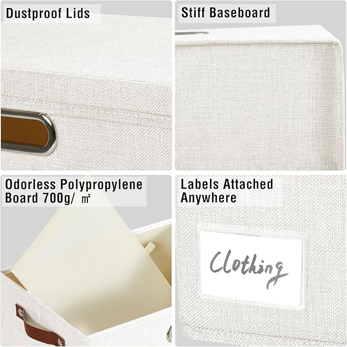 17 Large Collapsible Storage Bins with Lids Stackable Closet Organizers with PU Handle and Labels 3-Pack Decorative Fabric Storage Boxes for Home Bedroom Closet Office Nursery(White)