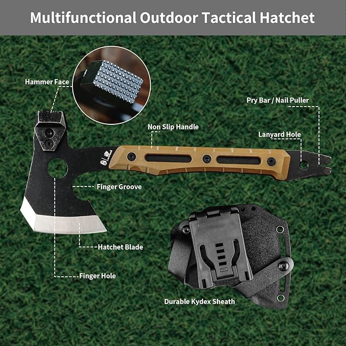HX OUTDOORS Multifunctional Splitting Axe Full Tang Survival Camping Tactical Wood HatchetCamp Bushcraft Hand Axes with Hammer and Nail Puller (Brown)