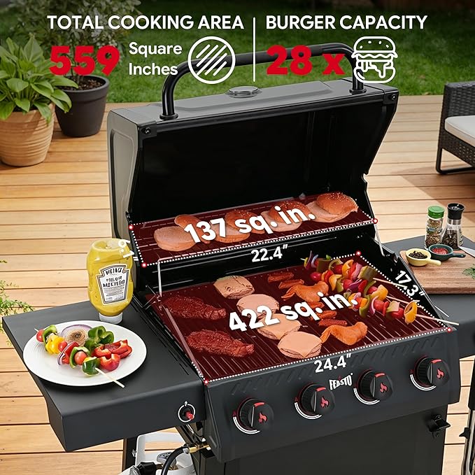 Feasto 4-Burner Propane Gas Grill 36000 BTU Outdoor Patio BBQ with Dual Side Tables Porcelain-Enameled Cookbox &amp Porcelain-Enameled Cast-Iron Grates for Deck Parties &amp Patio BBQ 559 Sq. In