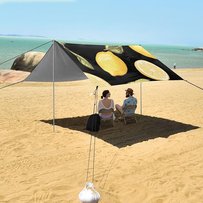 ALAZA Lemons Black Background Pattern Beach Tent Sun Shelter Portable Canopy Sunshade for Outdoor Camping Picnics Backyard Fun 10x9 ft