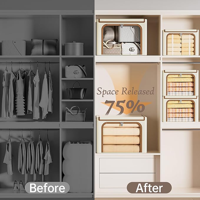Yecaye Clothes Storage Bins with Metal Frame Foldable Clothing Storage Bin with Lid Stackable Oxford Fabric Organizer Box With Clear Window &amp Zippers &amp PU Leather Handles (3 PackBeige66L)