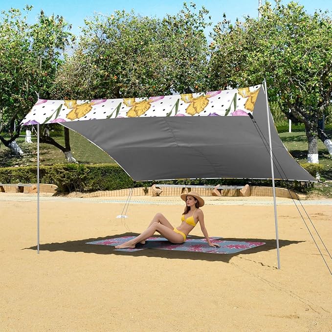 ALAZA Iris Flower Polka Dots Beach Tent Sun Shelter UPF50+ Protection Beach Shade Canopy w/ 4 Sandbags for Outdoor Camping Fishing Backyard Fun Picnic 10x9 ft