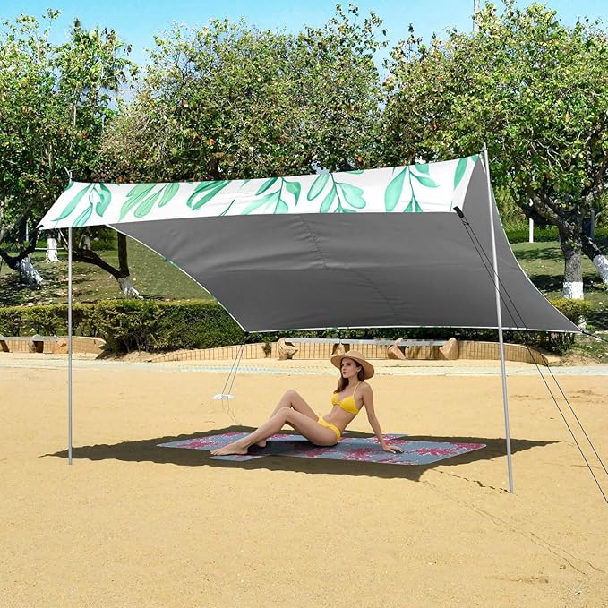 Beach Canopy with Windproof Ropes &amp Sandbags Beach Tent Sun Shade Sun Shelter for Camping Trips Fishing Backyard Fun or Picnics Leaf