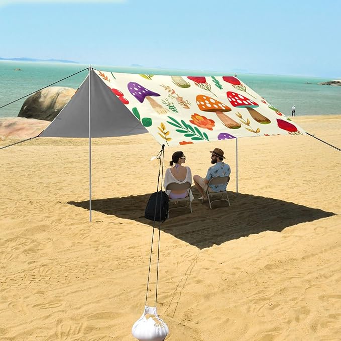 Beach Canopy with Windproof Ropes &amp Sandbags Beach Tent Sun Shade Sun Shelter for Camping Trips Fishing Backyard Fun or Picnics Mushroom