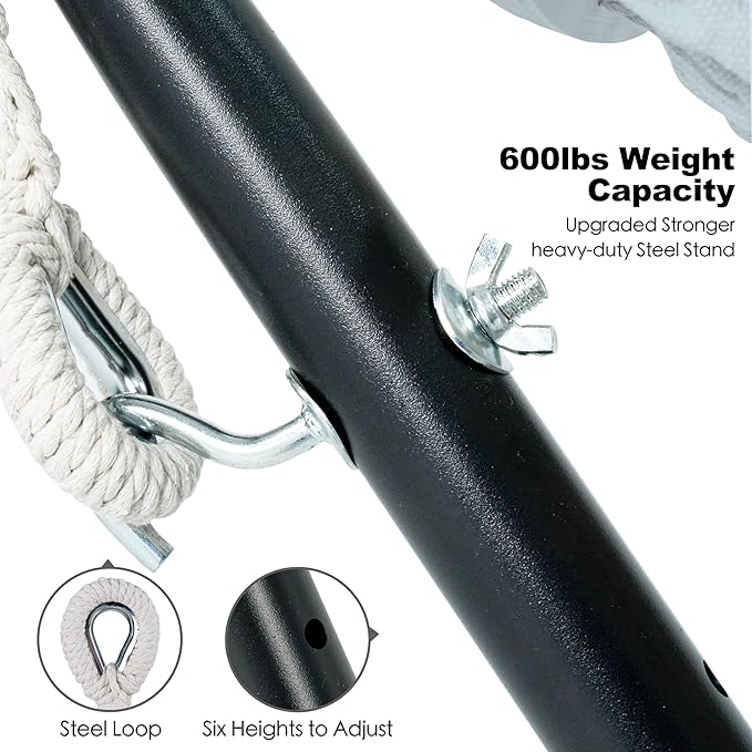 Gafete Double Hammock with Stand for Outside Upgraded Spreader Bar Heavy Duty Space Saving Steel Stand 2 Person Side Pockets Easy Assembly 600lbs Weight Capacity Indoor &amp Outdoor (Light Grey