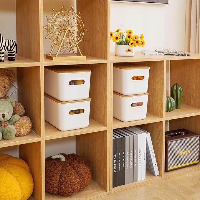 Citylife Storage Bins with Bamboo Lids 7QT Plastic Storage Containers Stackable Organizer Boxes with Handle for Desk Snacks Toys 2 PCS 10 L x 7 W x 5.8 H