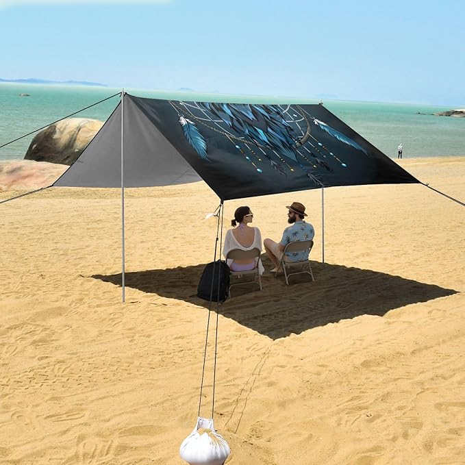 ALAZA Blue Owl Dreamcatcher Beach Tent Sun Shelter UPF50+ Protection Beach Shade Canopy w/ 4 Sandbags for Outdoor Camping Fishing Backyard Fun Picnic 10x9 ft