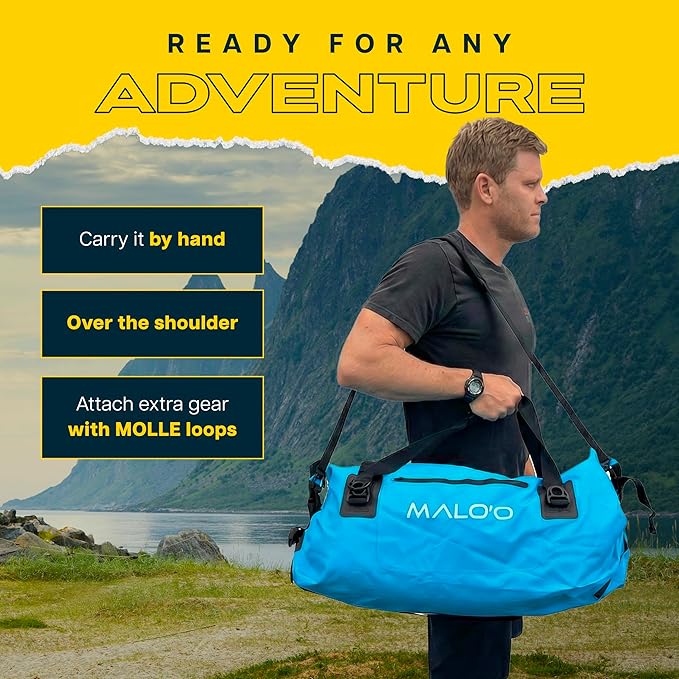Malo’o Waterproof Dry Duffel Heavy-Duty Roll Top Waterproof Gear Bag with Shoulder Strap &amp Molle Loops Marine Duffel for Kayaking Boating Camping Beach &amp Travel Blue 60L