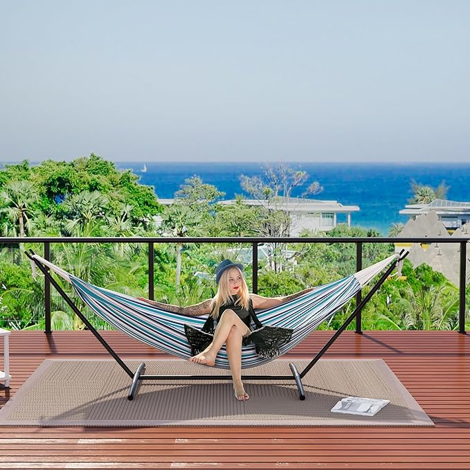 GAOMON Double Hammock with Steel Stand for Outside Portable Space Saving for Indoor Outdoor Patio w/Carrying Bag 450 lbs Capacity - Ocean Stripes