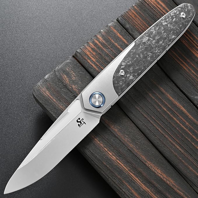Sitivien ST992 Folding Pocket KnifeHandmade M390 Pearlescent Brushed Steel BladeTitanium Carbon Fiber Handle EDC Tool Knife for Outdoor CampingHikingSurvivalHunting(Gray)