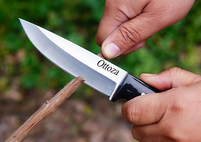 Ottoza Full Tang Bushcraft Knife with 1095 Carbon Steel Fixed Blade - Survival and Outdoor Camping Knife - Black Cross Draw Sheath and Cow Horn Handle 426