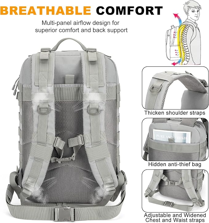 Tactical Backpack 45L Army Military Rucksack Water Resistant MOLLE Pack Large 3 Day Bug Out Bag for Men &amp Women Durable Outdoor Gear for Hiking Camping Hunting Travel (Grey)