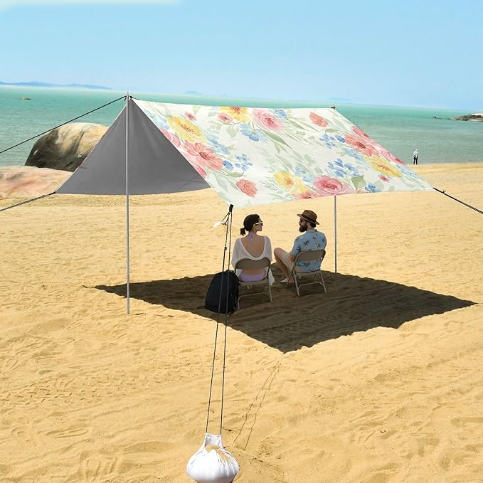 xigua Wlidflowers Beach Tent Sun Shelter with Carrying Bag - Silver Coated Oxford Fabric Beach Canopy for Beach Camping Fishing - Includes Windproof Ropes Sandbags &amp Stakes
