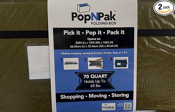 2 - Pack Pop N Pak Collapsible Storage Box Black 70 Quart Capacity 26x14x16 Inches Folding Design Holds up to 65lbs Water resistant Reusable Container (Olive Green)