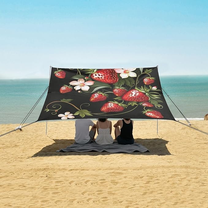 ALAZA Strawberry Flower Floral Beach Tent Sun Shelter UPF50+ Protection Beach Shade Canopy w/ 4 Sandbags for Outdoor Camping Fishing Backyard Fun Picnic 10x9 ft