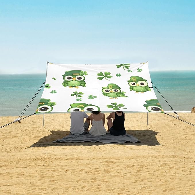 St. Patrick's Day Beach Canopy Sun Shelter with Sandbags &amp Sand Shovel &amp Windproof Ropes - Portable 110x126 Beach Shade Beach Tent for Camping Picnics
