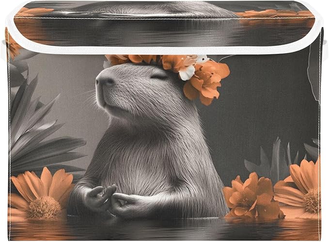Peace Capybara Storage Cube Bins Basket with Lid Collapsible Flip-top Fabric with Handle for Home Bedroom Closet Office 16.5×12.6×11.8 in
