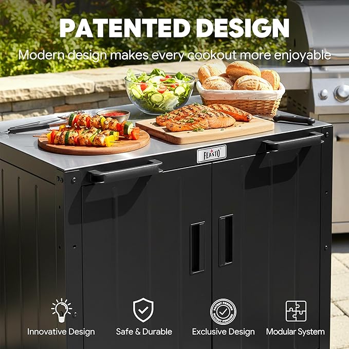 Feasto Outdoor Grill Cart with Storage Cabinet and Stainless Steel Top 35-Inch Outdoor Grill Station with Door Modular Kitchen Island for Food Prep and BBQ Black &amp Silver