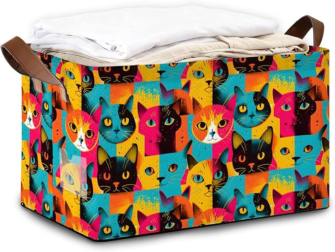 32L Large Storage Bins with Handles Cute Animal Basket Organizer for Shelves Closet Books Laundry &amp Home Decor (Abstract Cat)