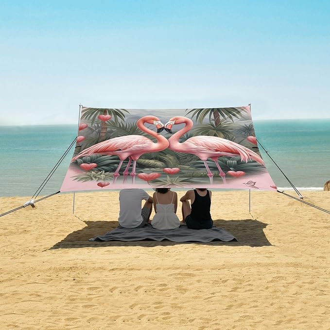 ALAZA Two Flamingo Pink Heart in Palm Jungle Beach Tent Sun Shelter Portable Canopy Sunshade for Outdoor Camping Picnics Backyard Fun 10x9 ft