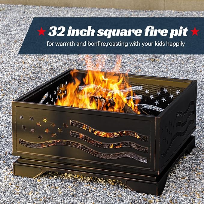 Verdeluxe 32Inch Square-Shaped Fire PitOutdoor Fire Pits with Spark Screen&ampPokerMetal Square Wood Burning Firepits for OutsideBackyardBonfirePatioPartyGardenPicnic and Camping(Antique Bron