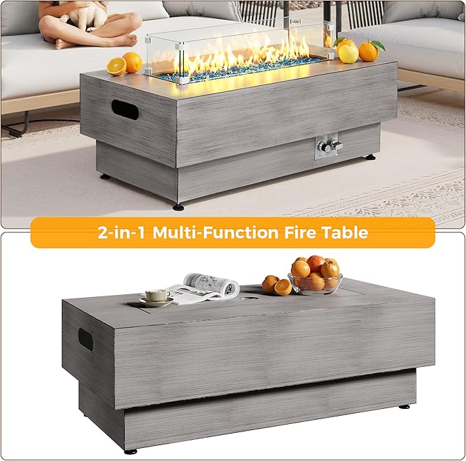 IRONCK 43-inch Outdoor Propane Fire Pit Table w Tank Table CSA Certified 2 in 1 Rectangular Patio Fire Pit w Glass Rocks Wind Guard and Cover 50000 BTU Outside Heater for Pool Vintage Gray