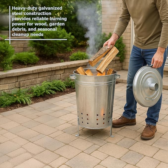 Gardenised Silver Galvanized Steel Outdoor Incinerator Can Large Garden Waste Burner Bin with Lid Ventilation Holes &amp Raised Legs for Yard Patio Backyard Leaves Paper and Household Debris