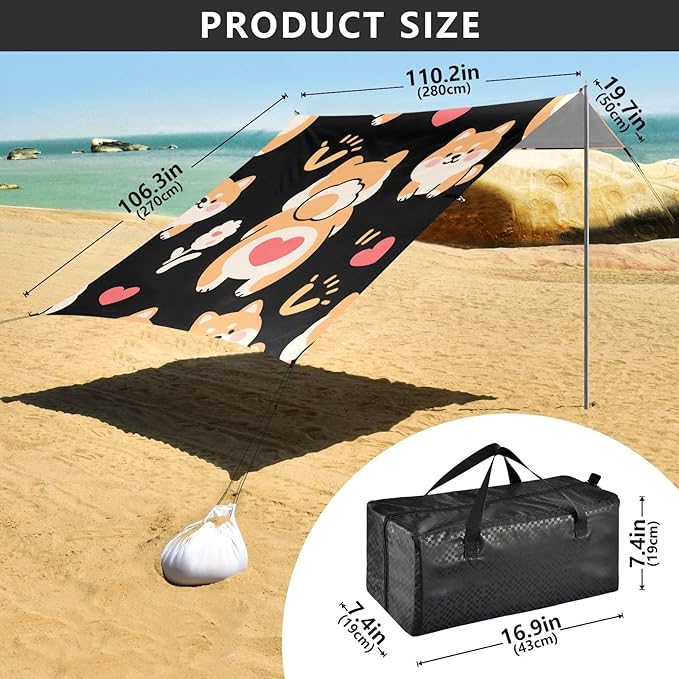 ALAZA Corgi Flower Heart Pattern Beach Tent Sun Shelter Portable Canopy Sunshade for Outdoor Camping Picnics Backyard Fun 10x9 ft