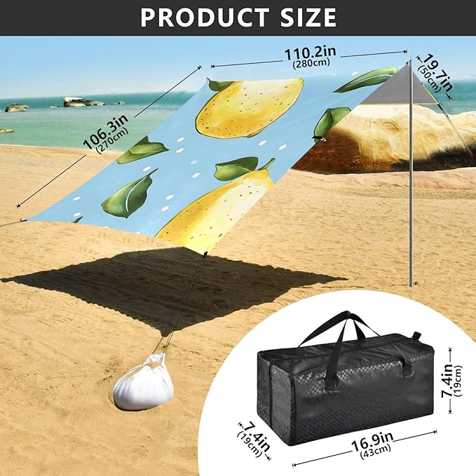 ALAZA Lemon Dot Pattern Beach Tent Sun Shelter Portable Canopy Sunshade for Outdoor Camping Picnics Backyard Fun 10x9 ft