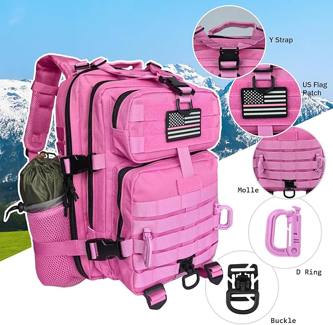 Hannibal Tactical 30L MOLLE Assault Pack Tactical Backpack Military Army Camping Rucksack with Bottle Holder 3-Day Pack Pink