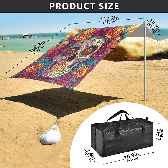 ALAZA Sugar Skull The Day of Dead Beach Tent Sun Shelter Portable Canopy Sunshade for Outdoor Camping Picnics Backyard Fun 10x9 ft
