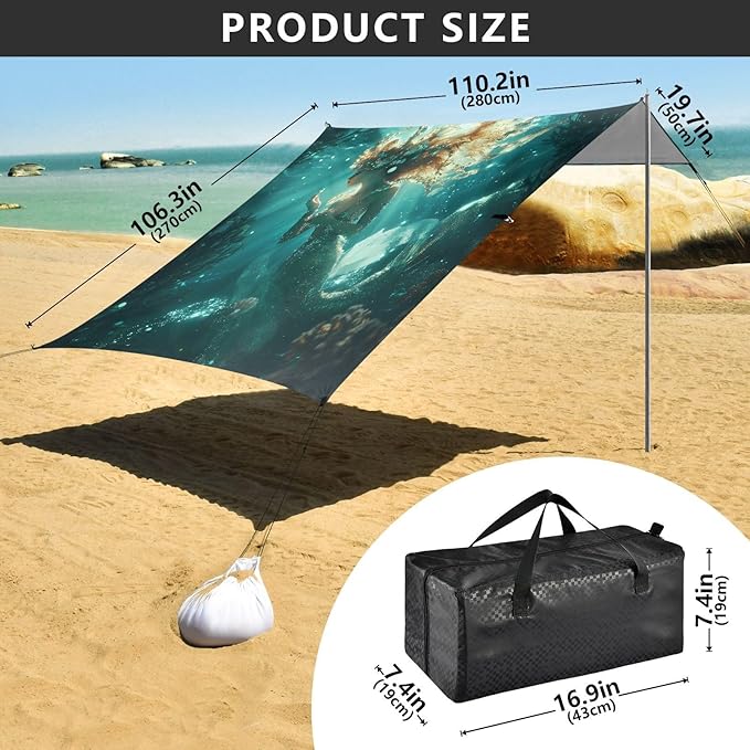 ALAZA Mermaid Underwater Beach Tent Sun Shelter UPF50+ Protection Beach Shade Canopy w/ 4 Sandbags for Outdoor Camping Fishing Backyard Fun Picnic 10x9 ft