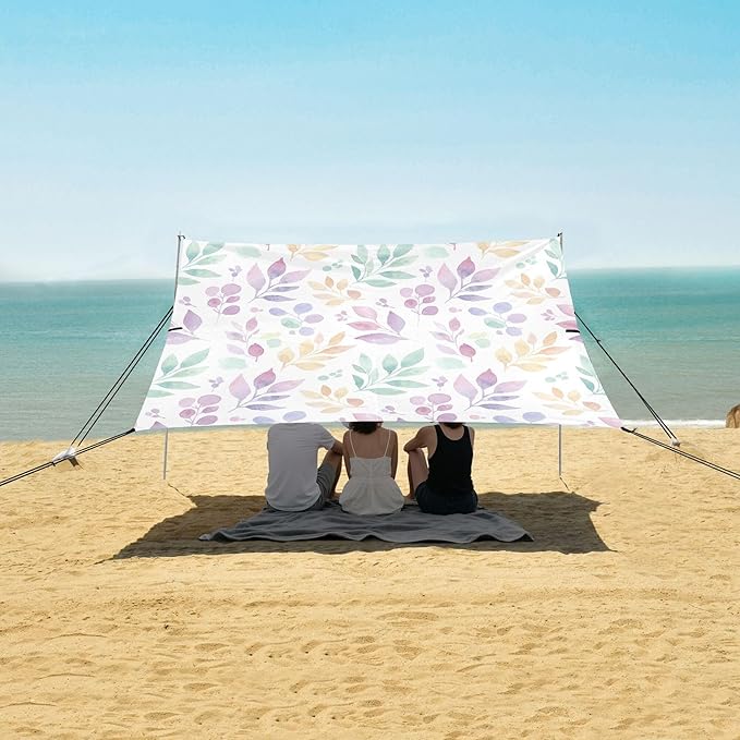 Leaf Beach Canopy Sun Shelter with Sandbags &amp Sand Shovel &amp Windproof Ropes - Portable 110x126 Beach Shade Beach Tent for Camping Picnics