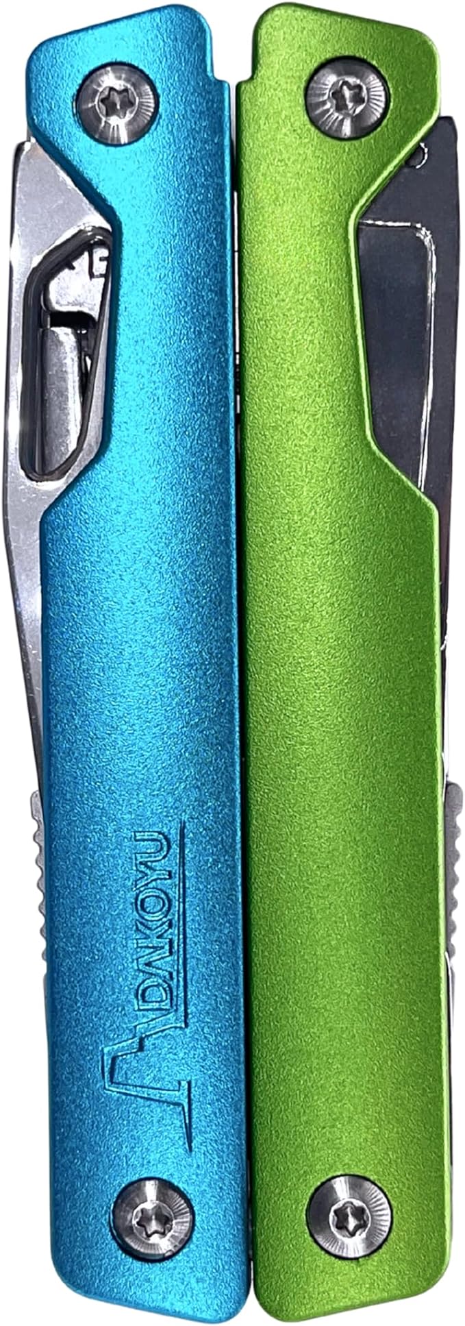 DKYoung™ Multi-Tool Aluminum Handles with Polished Stainless Steel Tools Blue/Green High-Viz Colors Pliers-Based Multitool with Carrying Sheath ¼ in. Hex Extension Camping Hiking Gift