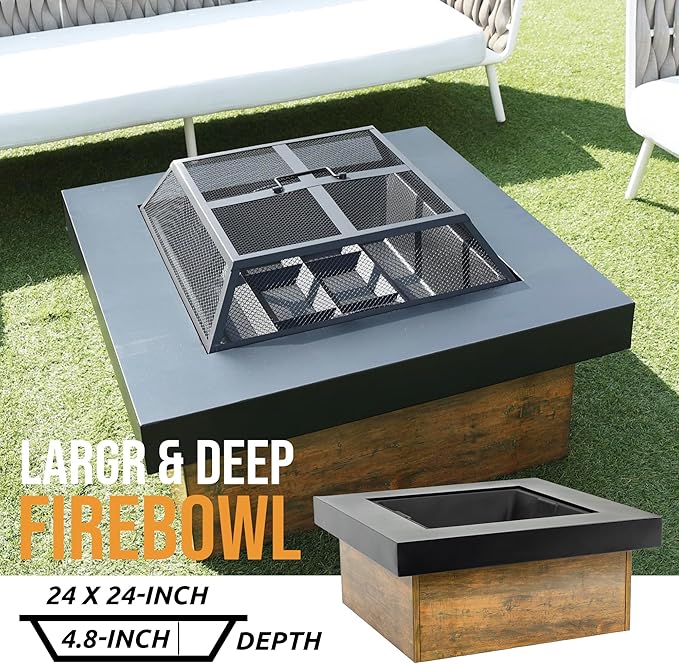 WILDMOS 36 Firepits for OutsideWood Burning Fire Pit with Wood-Grain Side PanelsFirepit for Outside with Mesh Cover &amp Fire PokerSquare Modern Outdoor Fireplace Fire Table.