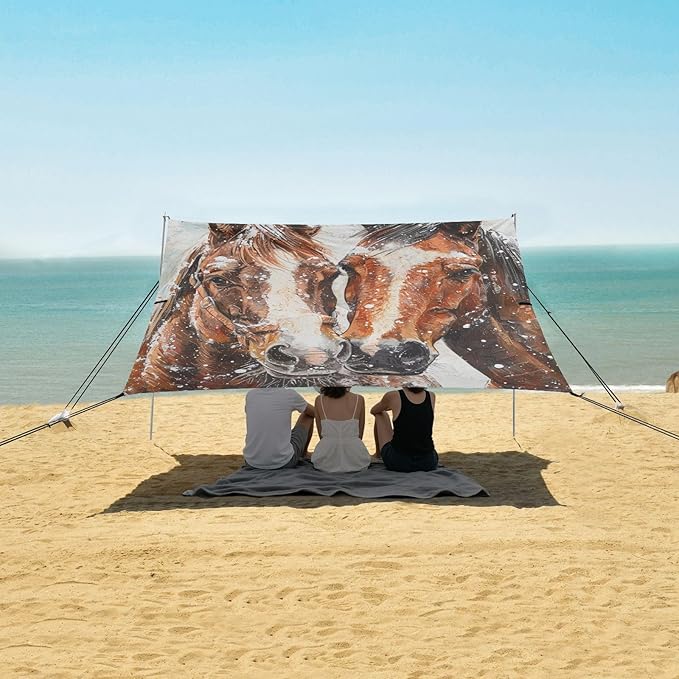 ALAZA Two Horses in Snow Beach Tent Sun Shelter Portable Canopy Sunshade for Outdoor Camping Picnics Backyard Fun 10x9 ft