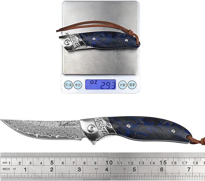 ALBATROSS Premium Damascus Folding Pocket Knife - EDC with Blue Fluorescent Carbon Handle Ball Bearing Assisted Opening Liner Lock for Camping Hunting - HGDK028-BE