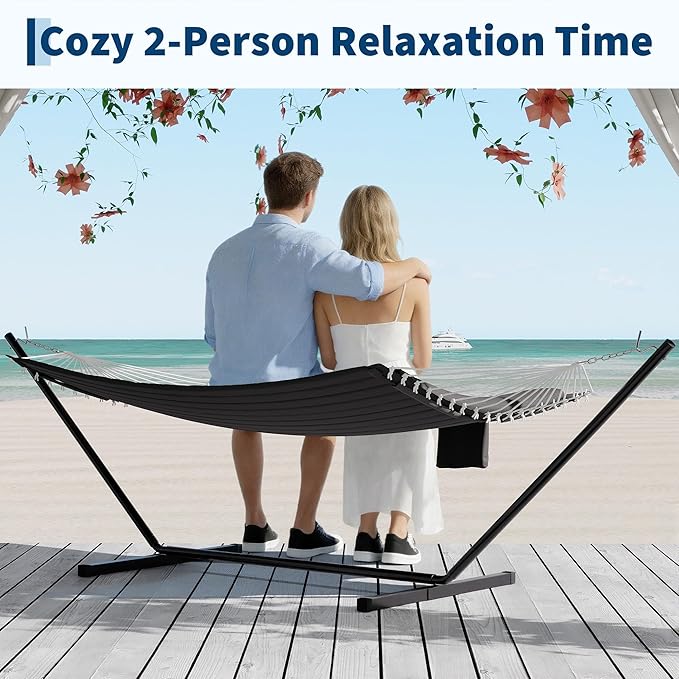 12 FT Double Quilted Fabric Hammock with Spreader Bar &amp Detachable Pillow 450 LBS Capacity 2 Person Hammock Indoor Outdoor for Patio Backyard Poolside Garden