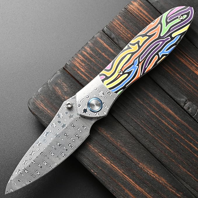Sitivien ST273 Damascus Steel Blade Folding Knife Colorful G10 &amp Damascus Handle with Ball Bearing for Outdoor Camping Hiking Fishing (Color)