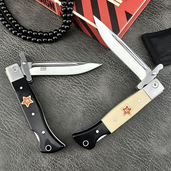 Goshawk Finka-NKVD KGB Folding Pocket Knife3.66 Mirror Polished 440C Blade and ABS HandleNylon SheathAssisted Opening Flipper Knife with Lockback EDC for Camping Hunting Survival (Ivory white)