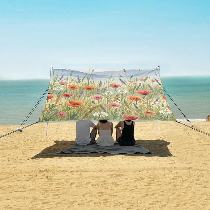 xigua Wildflowers Beach Tent Sun Shelter with Carrying Bag - Silver Coated Oxford Fabric Beach Canopy for Beach Camping Fishing - Includes Windproof Ropes Sandbags &amp Stakes