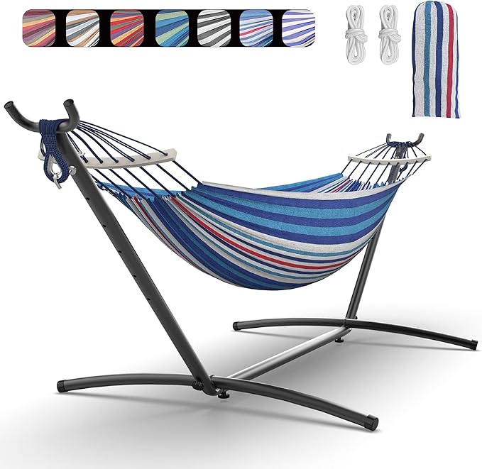 EveryFun Double Hammock with Heavy-Duty Steel StandPortableEasy Assembly600lbs Weight CapacitySuit for IndoorYardCampingor Outdoor-Fine Blue