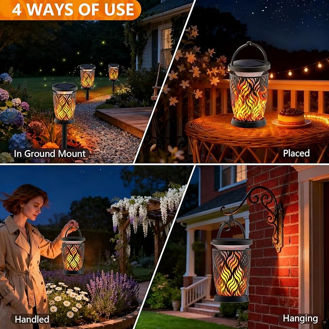 Solar Lanterns Outdoor Waterproof 2 Pack Flickering Solar Flame Lights Upgraded Hanging Flame Lantern Pathway Torch Light Table Lamp Auto On/ Off Porch Yard Gifts (1 Lighting Mode)