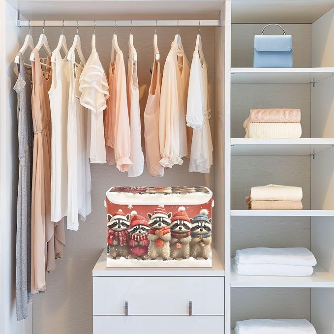 AIXIWAWA Lidded Storage Cube (Christmas Raccoon) Fabric Foldable Closet Bins with Flip Lid and Handles Organizer Basket Container 16.5 x 12.6 x 11.8 IN